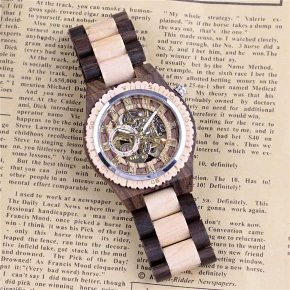 Men's Wooden Watch Skeleton Automatic Movement Wood Watch Self-Winding Watches - Picture 3 of 7